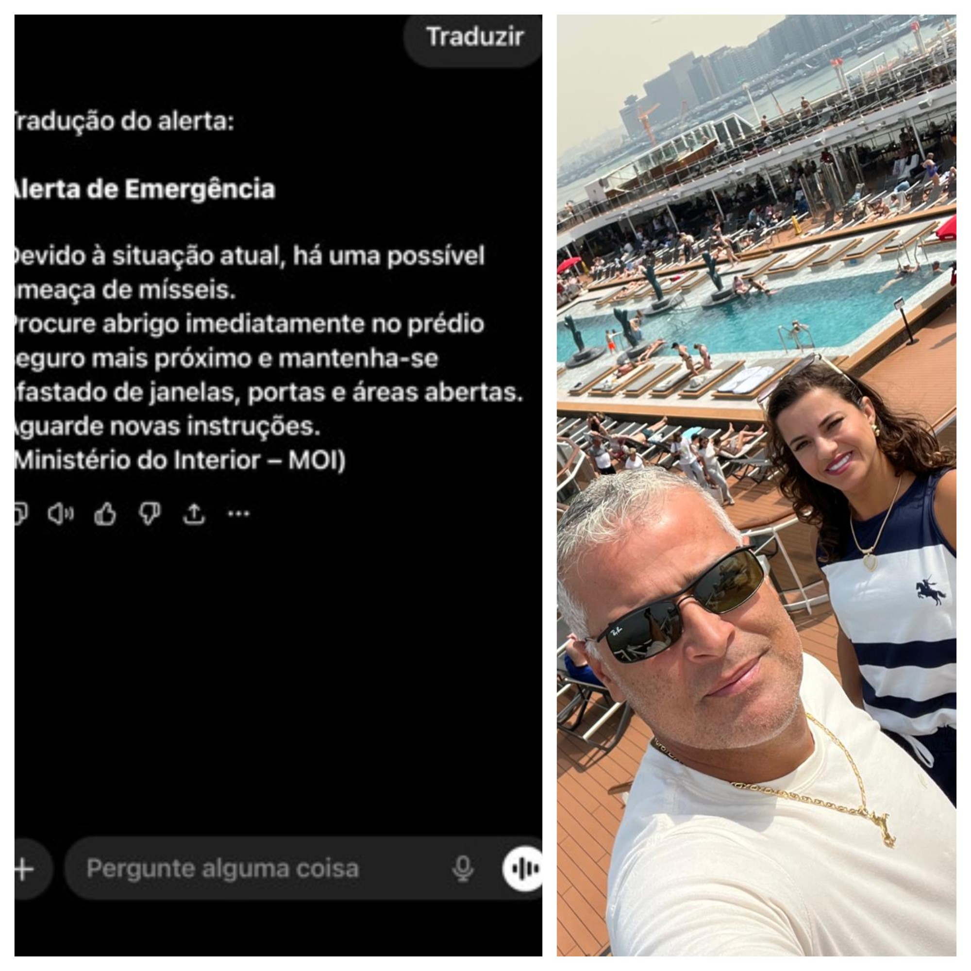 ‘Procure abrigo imediatamente’: carioca em cruzeiro em Dubai filma rastro de fogo no céu e recebe alerta no celular